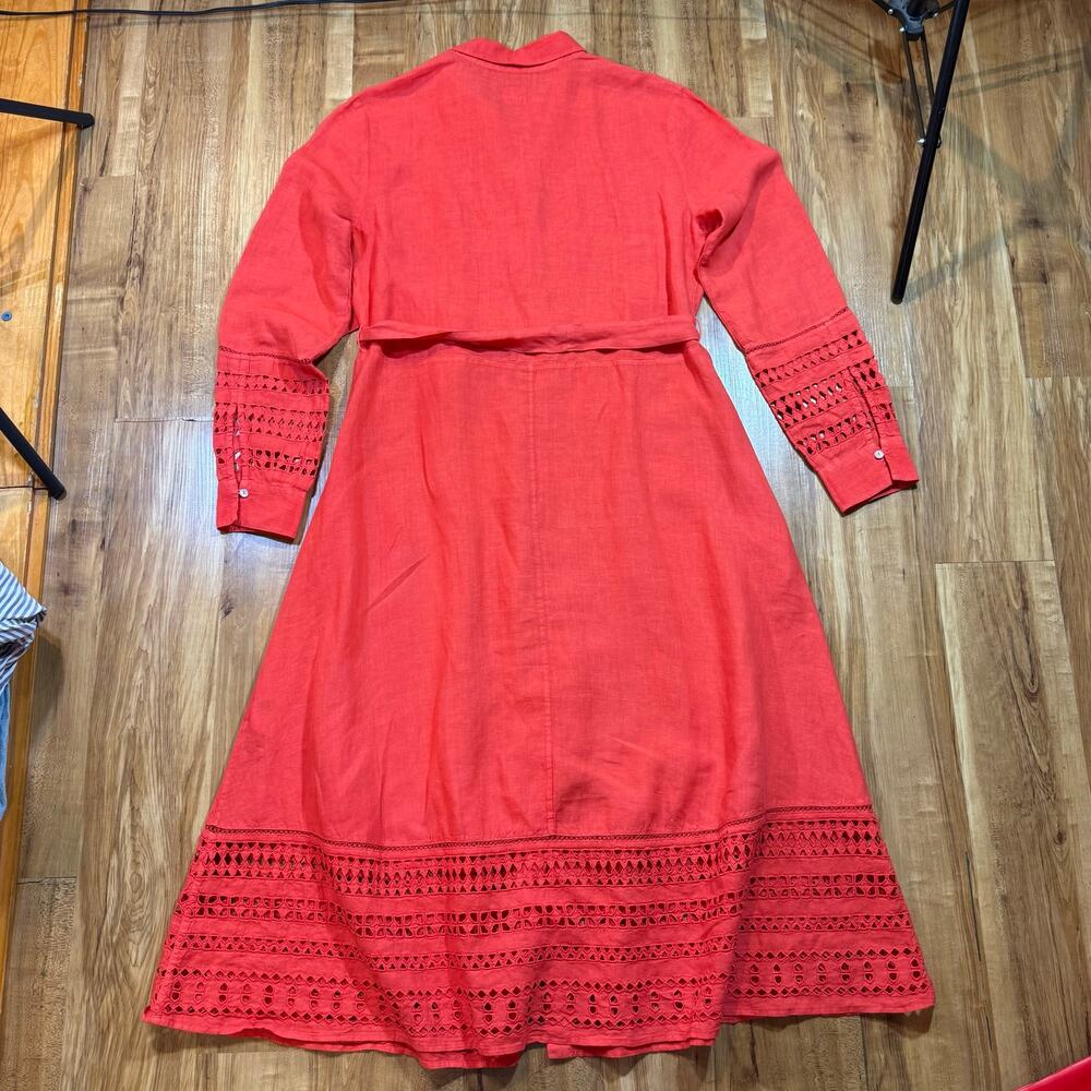 120% Lino Coral Bold Pink Linen Natural Fiber Italian Summer Eyelet Dress L / 48 - Picture 10 of 10